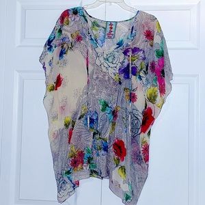 Johnny Was floral butterfly blouse, pleats in front and back. Front tie closure.